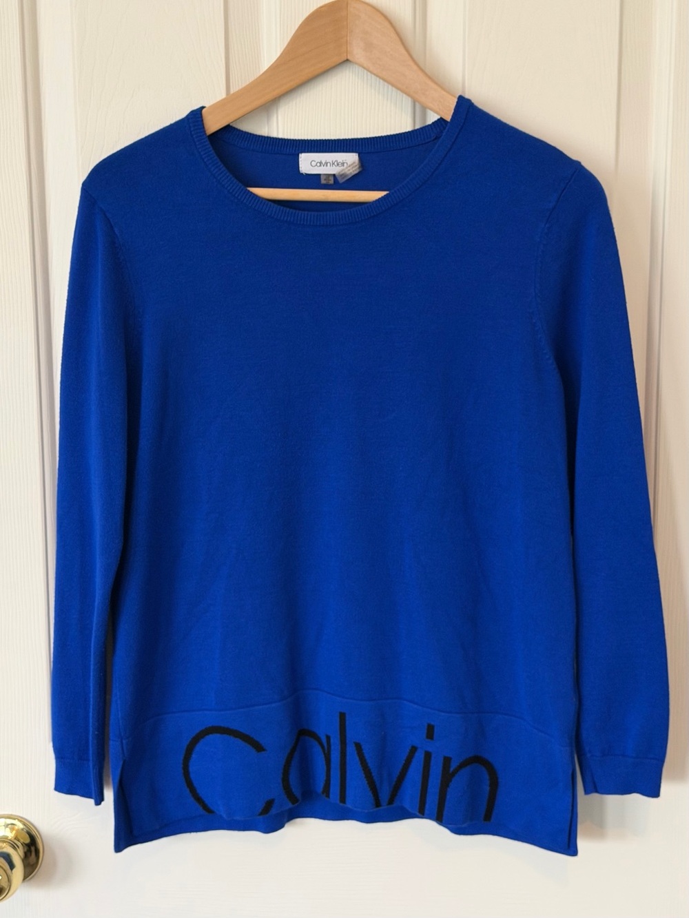 Calvin Klein Women's Cobalt Blue Crewneck Sweater with Hem Logo